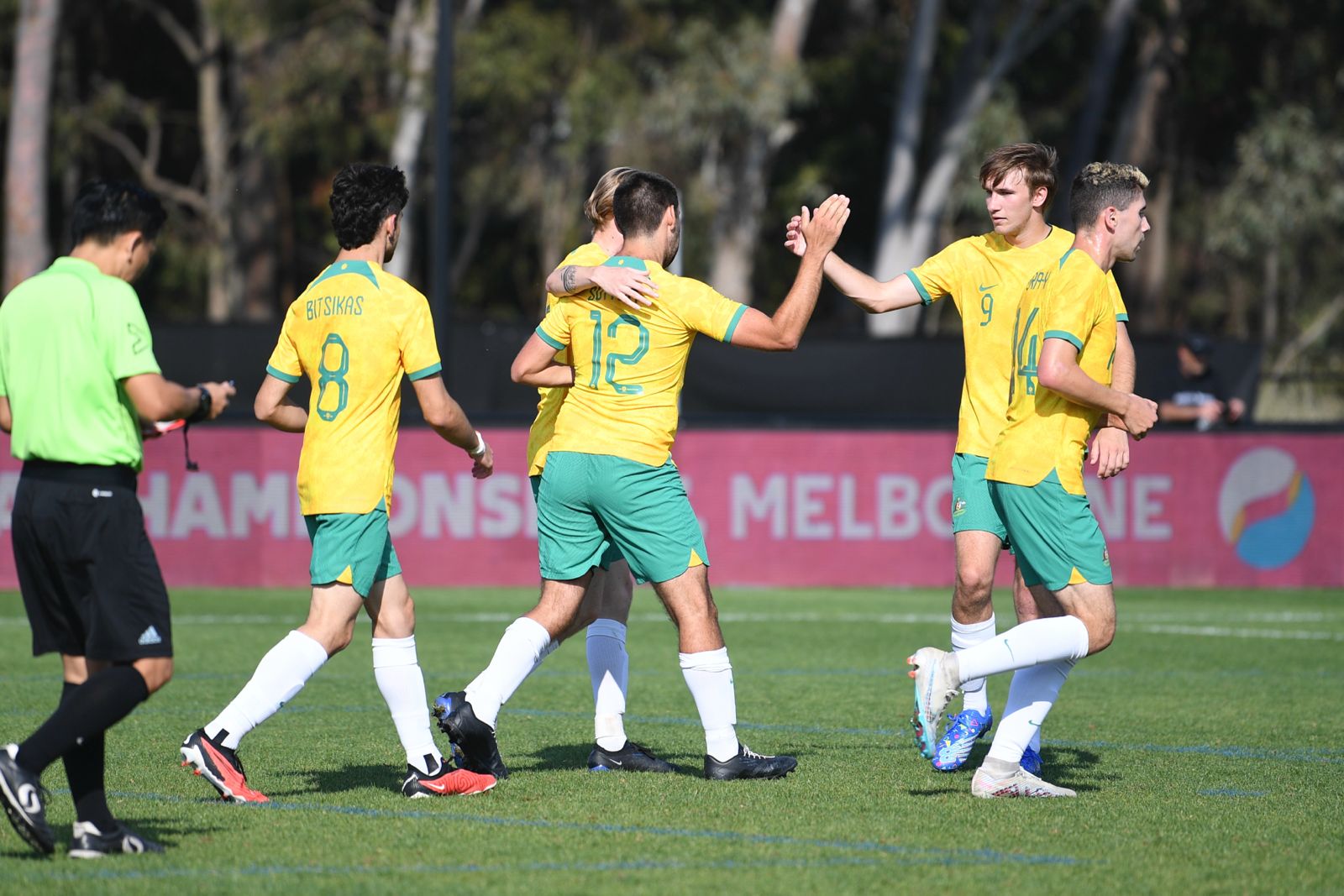 CommBank Pararoos celebrate scoring against India in the IFCPF Asia Oceania Championships. (L-R) - Christian Bitsikas, Taj Lynch, Ben Sutton, Luc Launder, Augustine Murphy