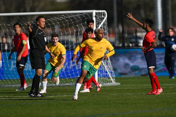 Daniel Campbell celebrates the first goal in the IFCPF Asia Oceania Championships against Thailand